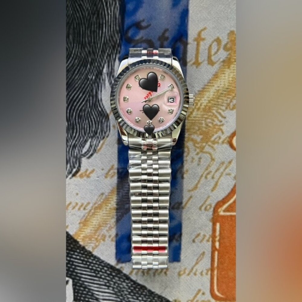 Women's 36mm Luxury Style Automatic Steel Watch Silver Pink Dial Diamonds